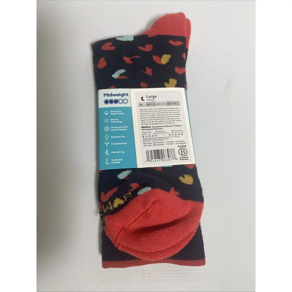 One Pair Bombas Midweight Hears/Fun Colors Unisex Adult Calf/ Crew Socks Size L